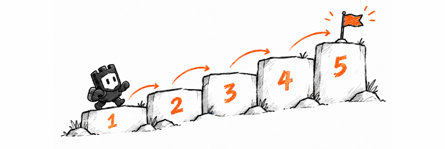 Mascot climbing stone steps toward a flag, representing the maturity path